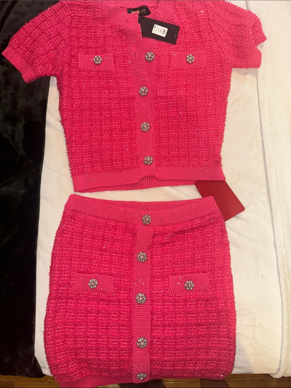 Textured Button-Front Skirt Set in Bright Pink